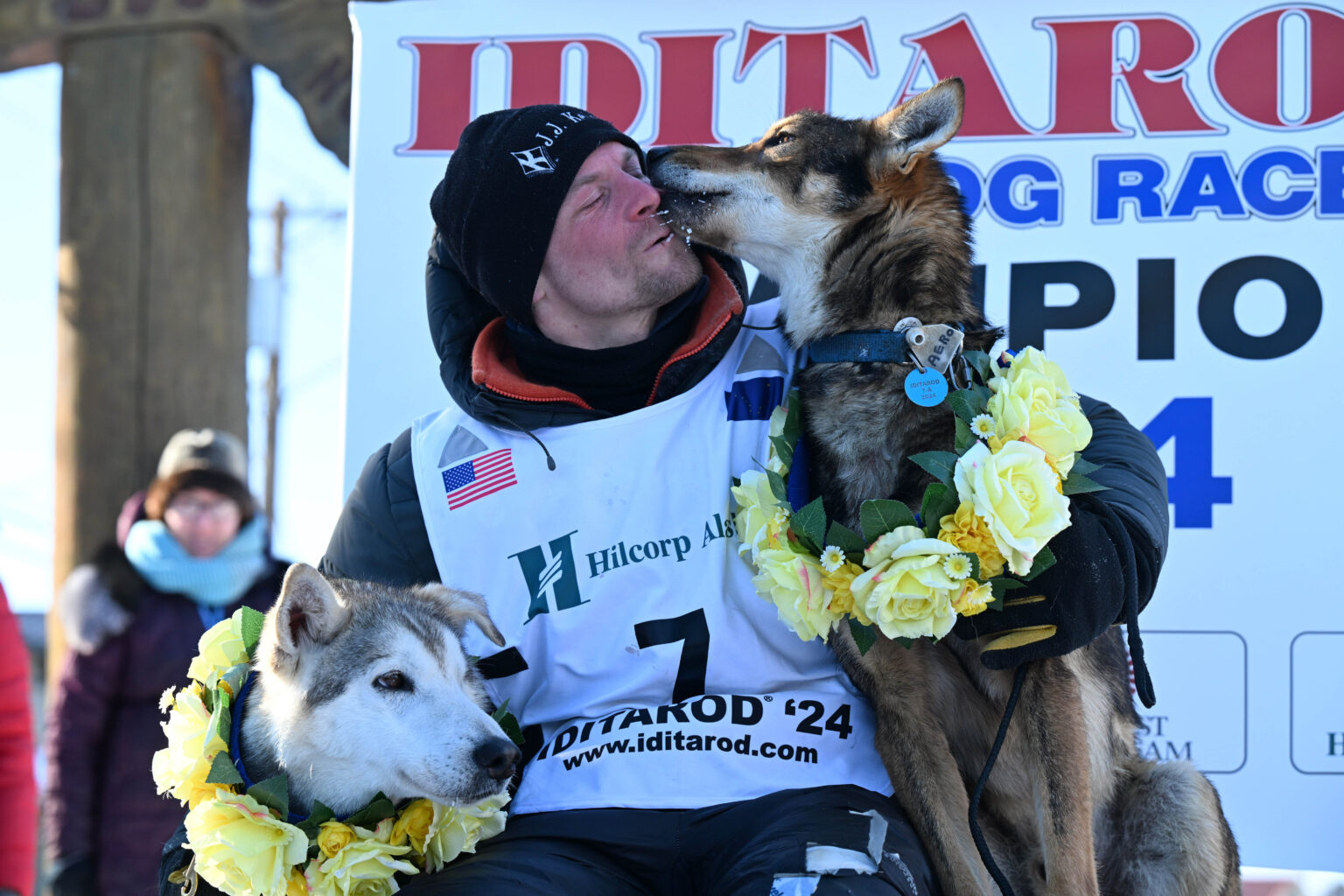 Dallas Seavey celebrates his win of the Iditarod Trail Sled Dog Race in Nome on Tuesday, March 12, 2024. | Article: Casey Grove, Image: Anne Raup - ADN